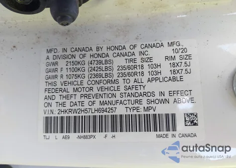 2020 Honda Cr-V Awd Ex from USA, damaged, VIN 2HKRW2H57LH694257